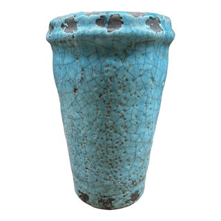 Mid Century Modern Monochrome Turquoise Blue Green Ceramic Glaze Vase Pot For Sale