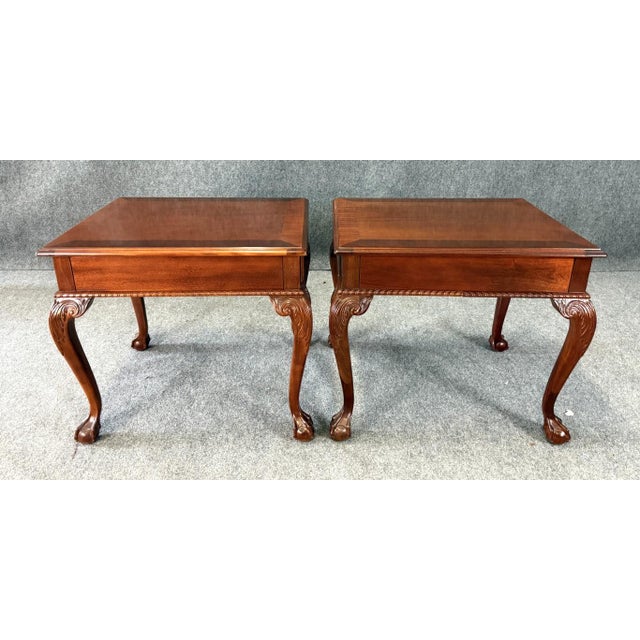 Wood Pair of Ethan Allen 18th Century Mahogany Collection Chippendale Side Tables For Sale - Image 7 of 14