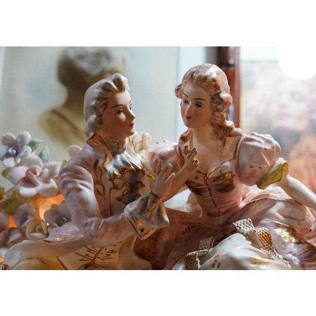 Darling Lighted Porcelain Rococo Revival Courting Couple – Vintage Romantic Figurine Lamp & Music Box – Maximalist Decor For Sale - Image 10 of 14