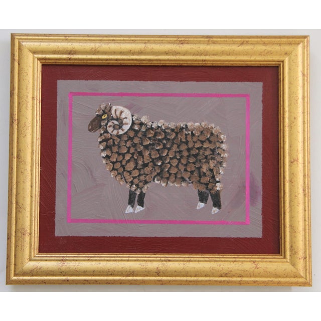 Textile Sheep Minimalism Folk Art Americana Brown Mauve Burgundy Original Oil Painting by Cleo Plowden For Sale - Image 7 of 7