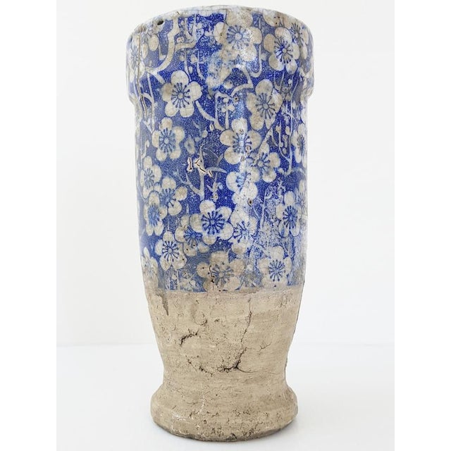 Terracotta Ceramic Vase with Blue and White Flowers For Sale - Image 6 of 11