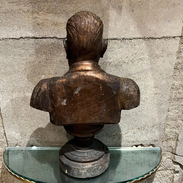 1943 Hand Carved Wood Bust Refined Bespectacled Gentleman Patinated Gold For Sale - Image 11 of 13