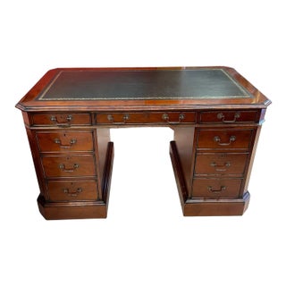 Mid Century English Yew Twin Pedestal Desk With Green Leather Top For Sale