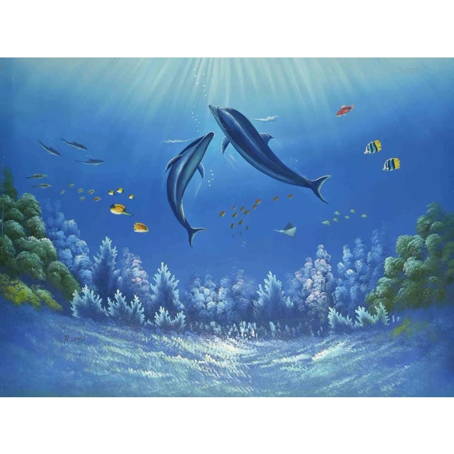 Two Dolphins is an original contemporary artworks realized by Robert Lewis (1941) in 1990s Acrylic on Canvas. Hand signed...