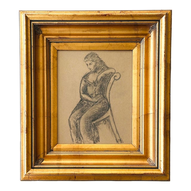 Large Original Charcoal Figure Drawing in a Gold Gilt Frame For Sale