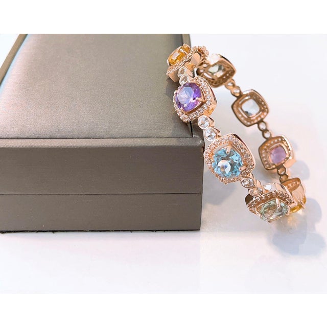 Bochic Capri” Vintage Sapphire & Multi Natural Gem Bangle Set 18K Gold & Silver For Sale - Image 9 of 15