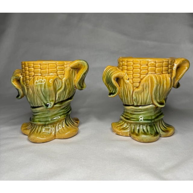 Late 20th Century Traditional Fall Harvest Corn Husk Candleholders in the Style of Majolica, a Pair For Sale - Image 5 of 9