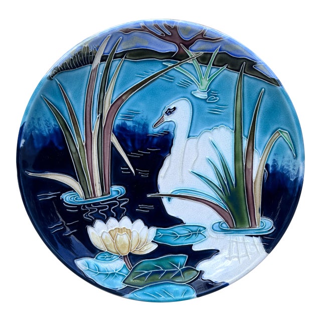 Large French Majolica Platter Swan Orchies, Circa 1900 For Sale