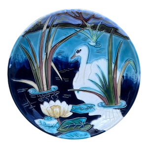 Large French Majolica Platter Swan Orchies, Circa 1900