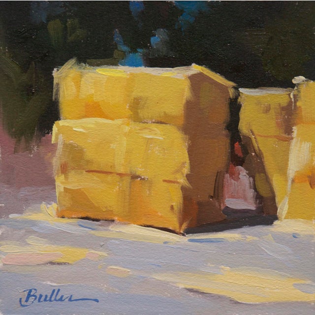Pozi Bales by Samantha Buller | Oil on panel Painting of stacked hay bales in sunlight For Sale