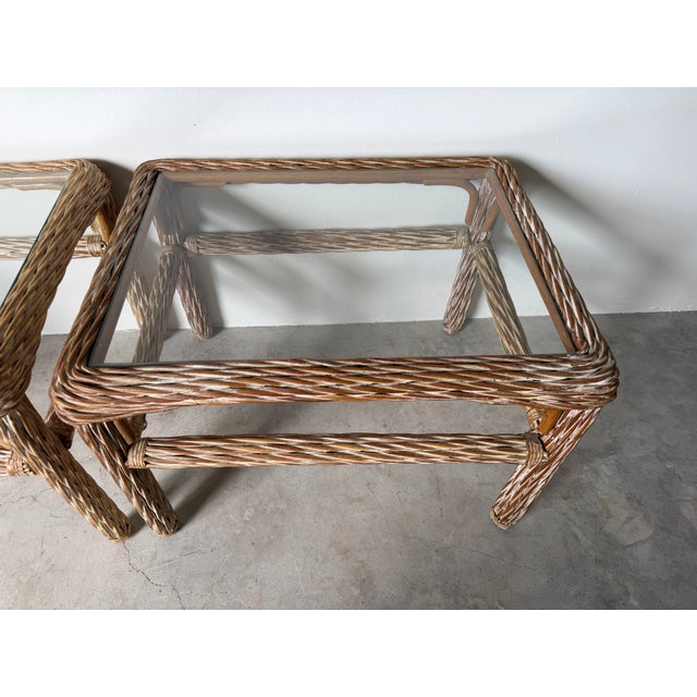 1970's Vintage Coastal Organic Whitewashed Rattan & Glass Top End Tables – A Pair For Sale - Image 10 of 15