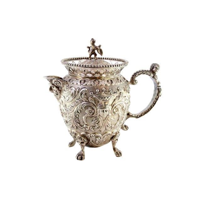 Embossed Silver Milk Jug with Female and Elf Faces, Lid with Lion-Shaped Handle and Claw-Shaped Feet For Sale - Image 9 of 9