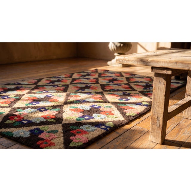 Brown 1930s Multicolor Diamond Folk at Antique American Hooked Rug 2'4" X 3'3" Handknotted Wool Carpet For Sale - Image 8 of 9
