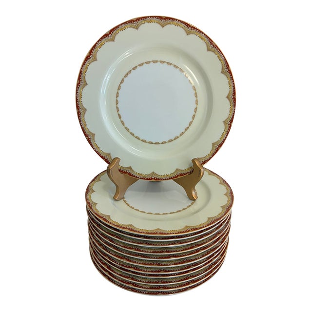 Vintage Mid-Century Modern Meito Celestine Red and Gold Dinner Plates – Set of 12 For Sale