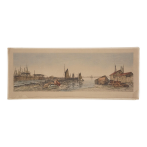 Late 19th Century Antique Charles Frederick Mielatz Nautical Oldport Sailboat Harbor Etching 25"