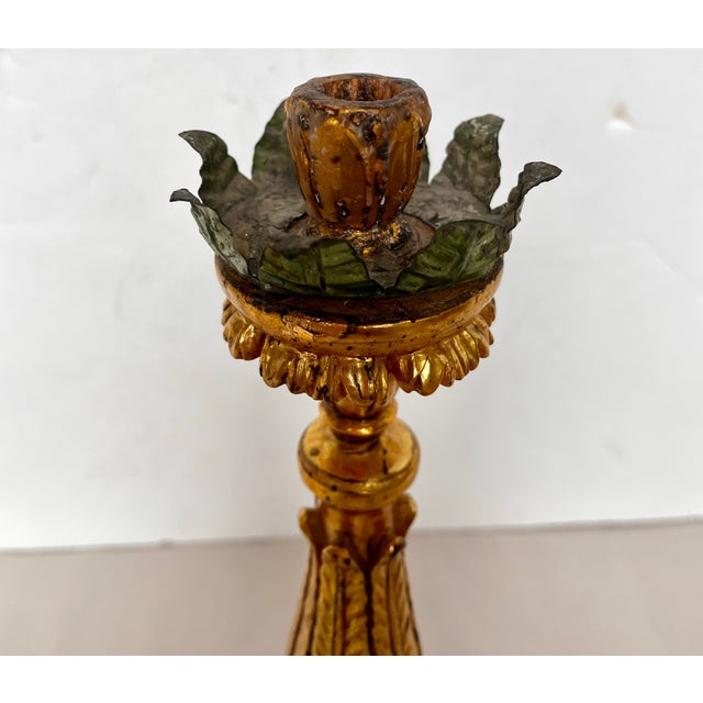 Antique Early 1900s Gilded Wood Ornate Candle Holders - A Pair For Sale - Image 9 of 15