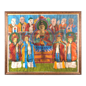 Large 19th Century Tibetan Thangka Painting of Buddha and Attendant Deities