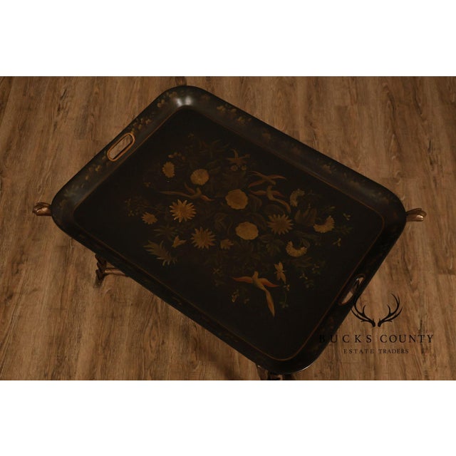 Tole Painted Tray Top Coffee Table With Gilt Metal Base For Sale - Image 11 of 17