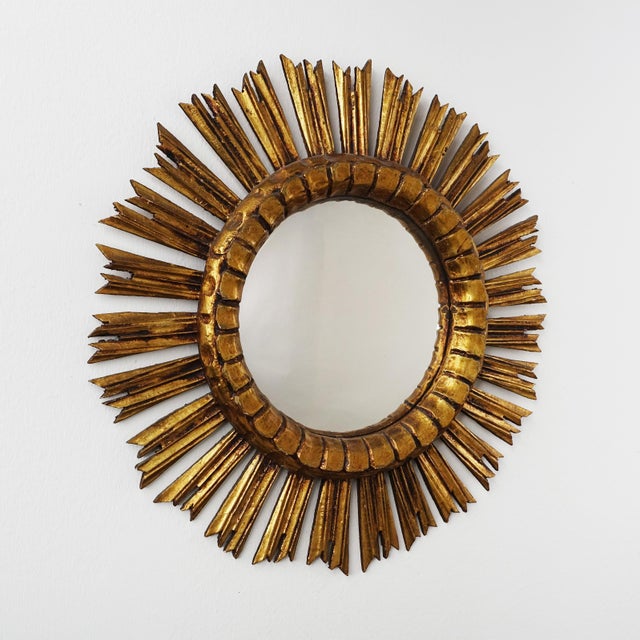 1950s Large Gilded Mid-Century Wooden Sunburst Mirror, 1950s For Sale - Image 5 of 5