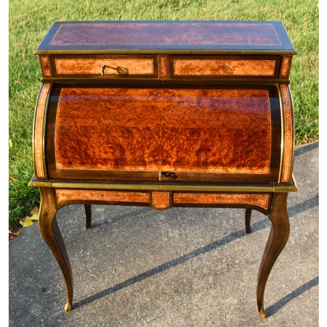 Brass Antique French Walnut Desk Burl Brass Inlay Cylinder Roll Style Bureau Ormolu For Sale - Image 8 of 16