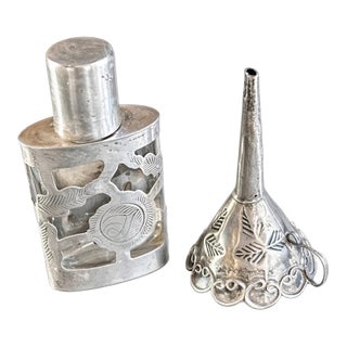1960s Mexican Sterling Overlay Perfume Bottle and Funnel For Sale