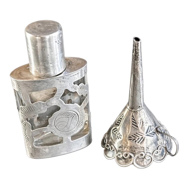 1960s Mexican Sterling Overlay Perfume Bottle and Funnel For Sale