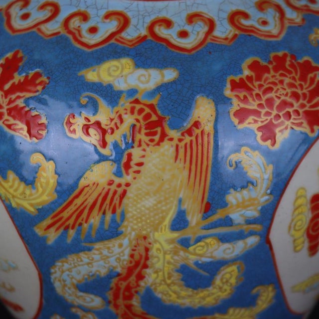 Ceramic Antique Chinese Ceramic Pot Qing Dynasty Qianlong Marked Blue Ground Famille Rose Porcelain Ginger Jar Hand Painted Cranes Pattern For Sale - Image 7 of 8