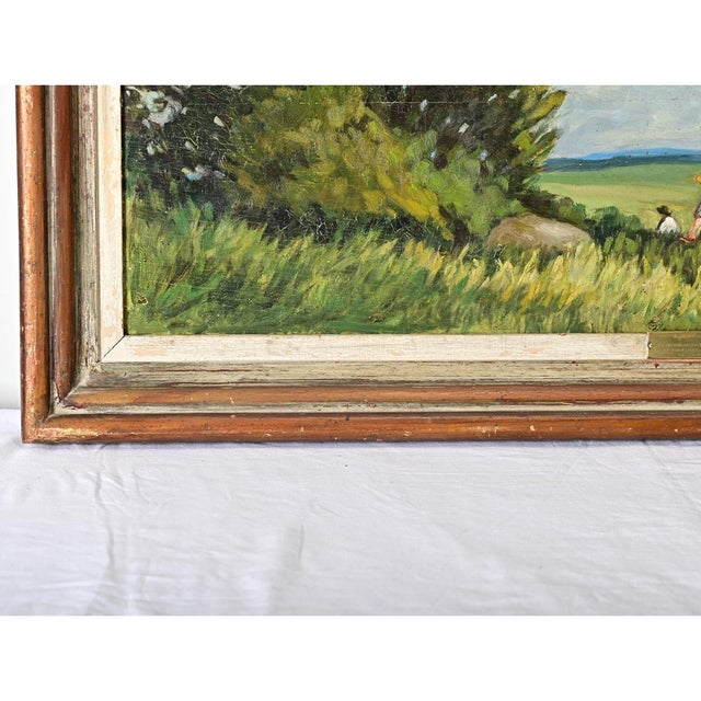 Textile French Vintage Framed Landscape Painting For Sale - Image 7 of 11
