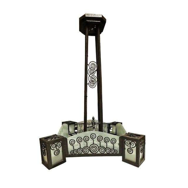 Antique Ceiling Pendant Light - French Art Deco Wrought Iron For Sale