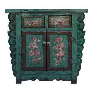 Chinese Distressed Green & Brown Flower Graphic Table Cabinet For Sale