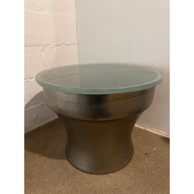 1970s Attributed to Karl Springer "Rain-Drum" Side Table in Polished Metal With Glass Top Can remove the glass top from...