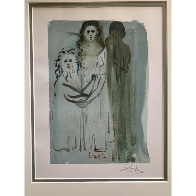 Original watercolor "PURGATORY CANTO 16 (THE DIVINE COMEDY)" signed by Salvador Dali. Framed in double mat gold wood frame.