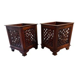 Vintage Classic Weathered Teak Planters - A Pair For Sale