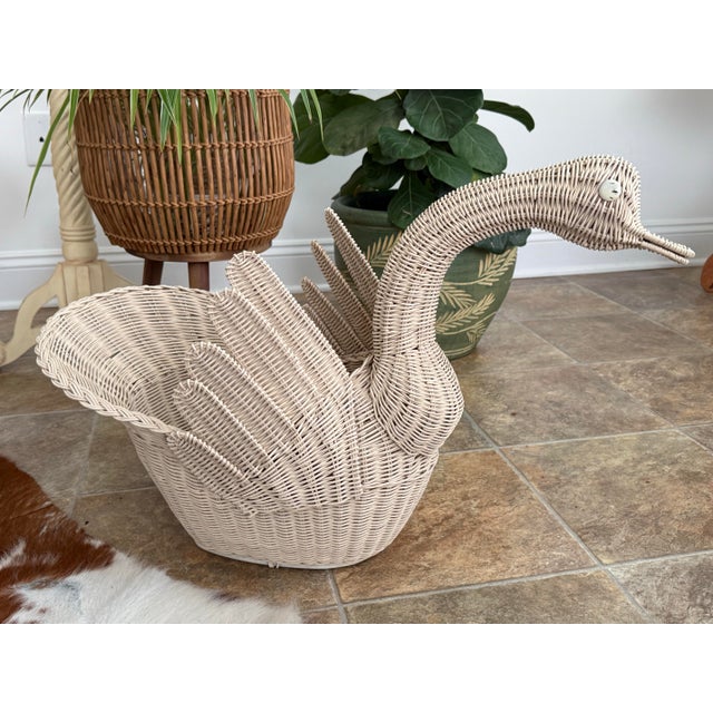 Wood Mid 20th Century Woven Wicker Rattan Goose or Swan Basket For Sale - Image 7 of 11
