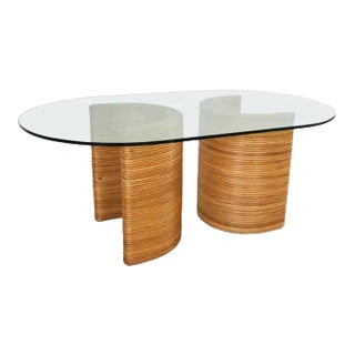 Midcentury Italian Organic Modern Rattan Pedestal Dining Table For Sale