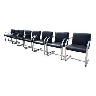 Set 8 Attributed to Mies Van Der Rohe for Knoll Stainless Steel Brno Chairs Black Leather 1977 For Sale