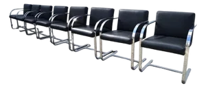 Set 8 Attributed to Mies Van Der Rohe for Knoll Stainless Steel Brno Chairs Black Leather 1977