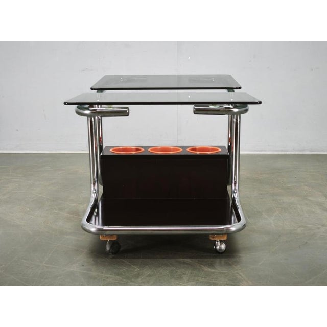 Space Age Chrome, Smoked Glass and Wood Bar Cart, 1970s For Sale - Image 9 of 15