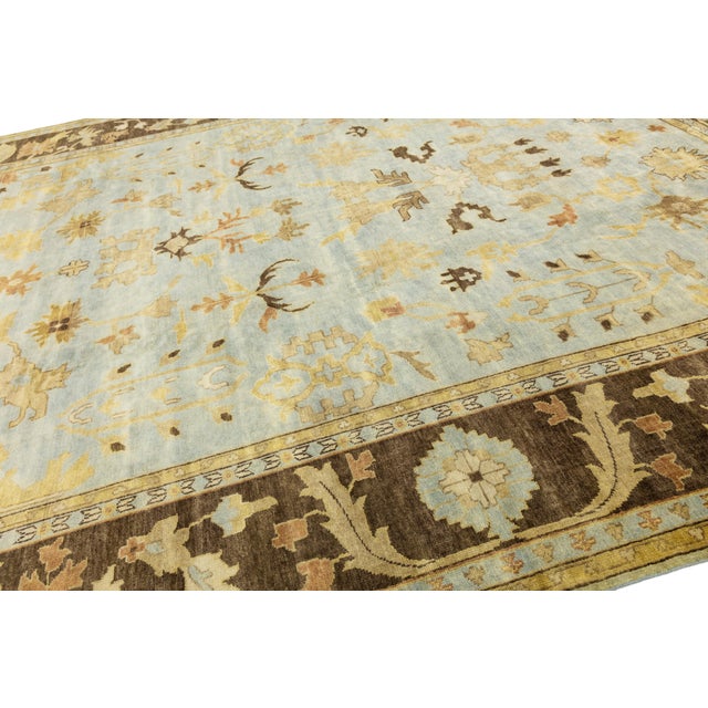 Textile Modern Hand-Knotted Oushak Style Wool Area Rug in Soft Sky Blue and Ochre Gold For Sale - Image 7 of 12