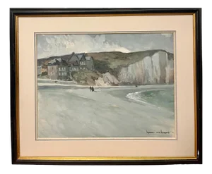 Henry Maurice Cahours, Petit Dalles Beach, Normandy, France, 1940s, Gouache, Framed