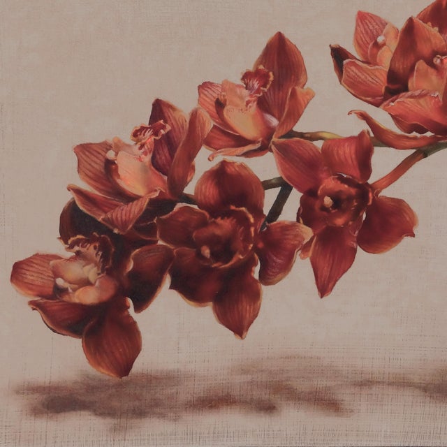 Paint Cymbidium Orchids II by Narelle Zeller | Oil Painting of red cymbidium orchids on a branch For Sale - Image 7 of 7