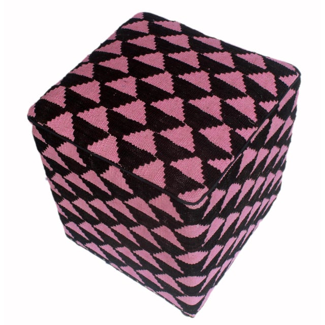 1990s Boho Chic Black/Pink Kilim Upholstered Handmade Ottoman For Sale - Image 5 of 8