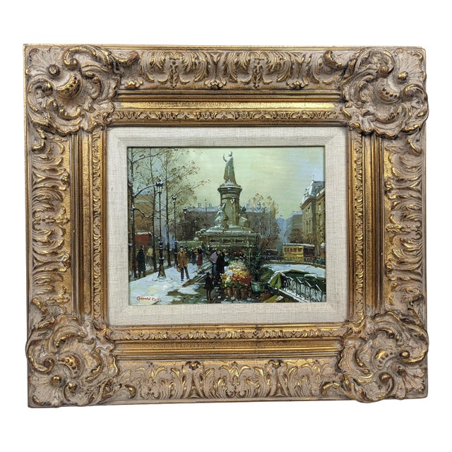 Framed European Winter Street Scene Original Oil Painting Signed Gerald Kott, Mid-20th Century For Sale
