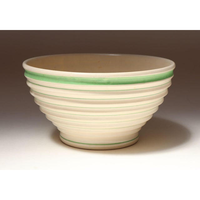 Art Deco Vintage Stoneware Beehive Cream and Green Striped Yellow Ware Mixing / Salad Bowl For Sale - Image 3 of 15