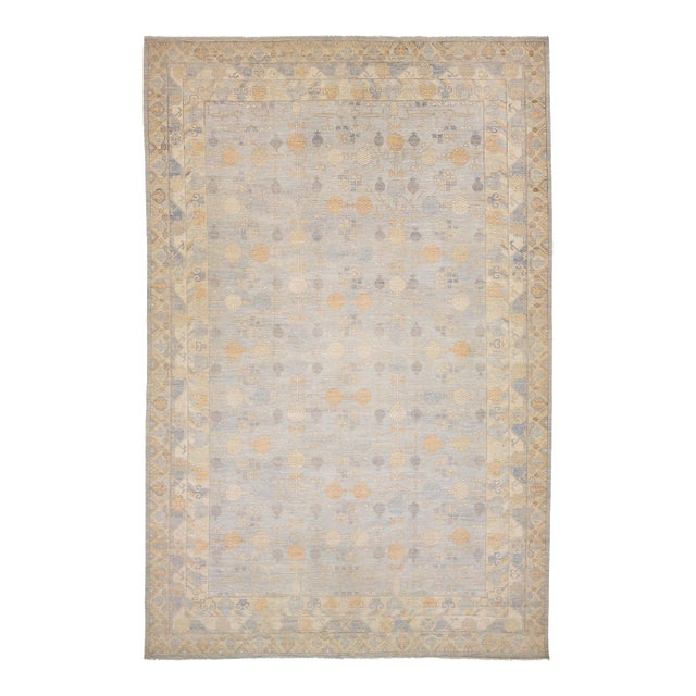 14x21 Modern Khotan HandKnotted Wool Rug – Blue, Ivory & Gold Pomegranate Design For Sale
