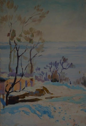 Winter Landscape Painting, Antique Impressionism, Ukrainian Art (1970) 50-35