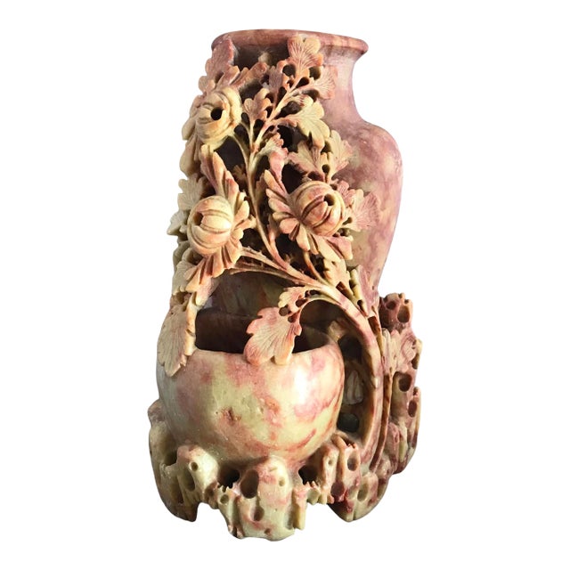 Antique Soapstone Carving of Chrysanthemums on Craggy Rocks For Sale