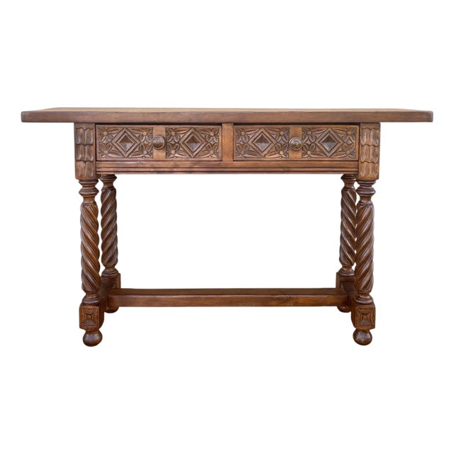 Spanish Carved Console Table with Barley Twist Legs and Two Drawers, 1930s For Sale