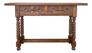 Spanish Carved Console Table with Barley Twist Legs and Two Drawers, 1930s