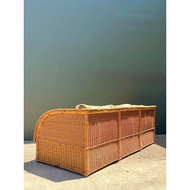 Late 20th Century Vintage Braided Rattan Magnolia Print Sofa For Sale - Image 5 of 12